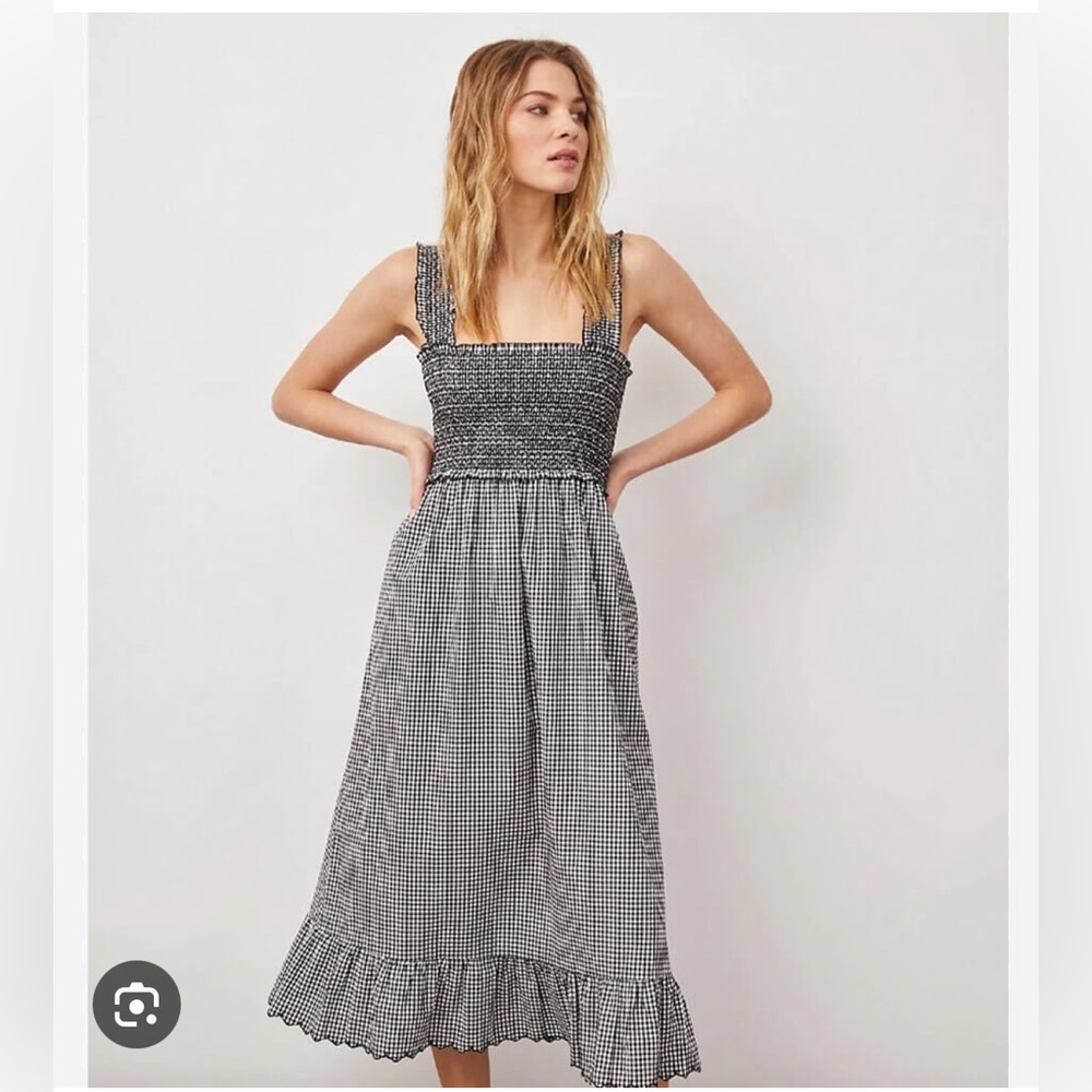 Rails Black and White Smocked Ruffled Midi Dress